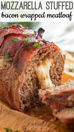 stuffed bacon cheese meatloaf on a cutting board with text overlay that reads stuffed bacon cheese meatloaf