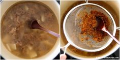 two pictures showing the process of making soup