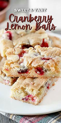 cranberry lemon bars stacked on top of each other with the words sweet and tart written above them