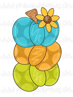 a stack of blue and yellow pumpkins with a flower on the top, surrounded by green leaves