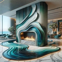 an artistic fireplace in the middle of a room with marble flooring and blue walls