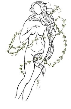 a drawing of a naked woman surrounded by pink flowers and greenery on a white background