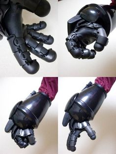 four pictures of hands with black gloves on them