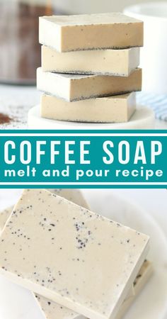 coffee soap on a white plate with text overlay that reads coffee soap melt and pour recipe