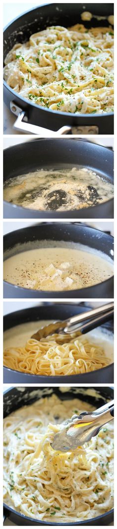 four images show how to make pasta in a skillet and then cook it on the stove