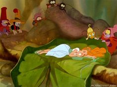 the little mermaid is sleeping on a lily pad with other cartoon characters in the background