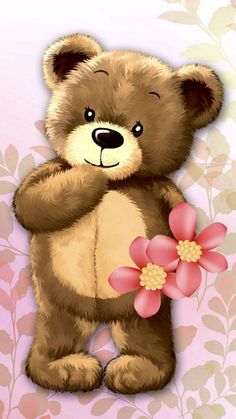 a brown teddy bear holding a pink flower