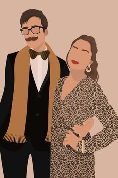 a man and woman standing next to each other in front of a brown background with an animal print