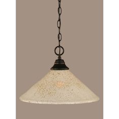 a light fixture with a chain hanging from it's end and a white glass shade