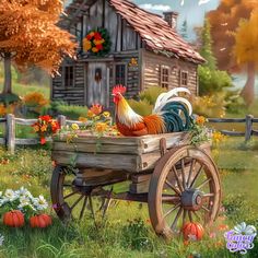 a painting of a rooster sitting in a wooden wagon with flowers and pumpkins around it