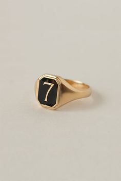 Merewif Lucky 7 signet ring black gold | pipe and row boutique seattle - PIPE AND ROW Gold Rings Vintage, Real Gold Rings, Year Ring, Lucky Ring, Signet Ring Gold, Lucky 7, Lucky 13, 7 Ring, Dope Jewelry