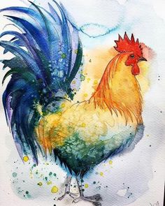 a watercolor painting of a rooster with blue and yellow feathers on it's head