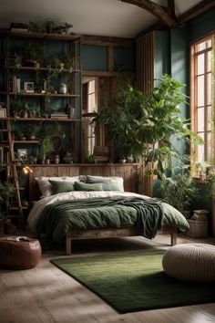 a bedroom with green walls and plants in the window sill, on top of a bed