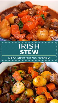 irish stew with potatoes and carrots in a white bowl on top of a table