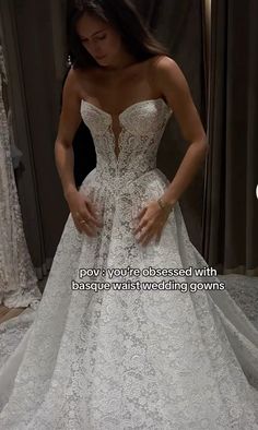 a woman in a white wedding dress looking down at her hand on her waist and the caption says, pray your vows based on being yours