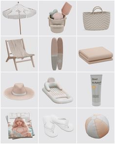 various items are arranged in the shape of an umbrella, beach chair, sunhat, and other things