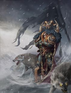 an image of a warhammer in the snow with two wolfs walking behind it