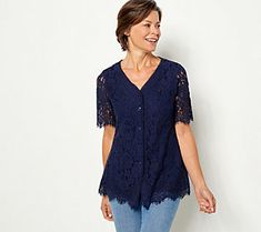 It doesn't have to be spring to have a fling with this lacy button-front top. The body is lined for comfort and the hem is scalloped (for extra prettiness), so it's keen to dress up denim and more whenever a refresh is in order. From Isaac Mizrahi Live!TM. Knit Lace, Lace Button, Button Front Top, Isaac Mizrahi, Scalloped Hem, Elbow Length Sleeve, Lace Knitting, Body Fit, Peplum Top