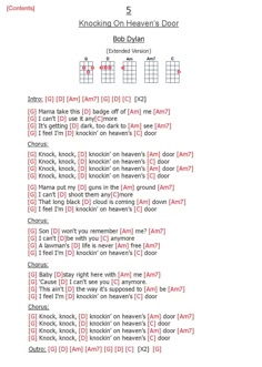 the guitar chords page for knocking on heaven's door, which is written in red and