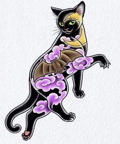 a black cat with purple flowers on it's chest and tail, jumping up in the air