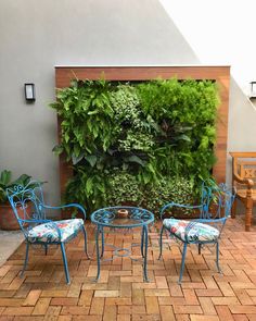 an outdoor seating area with chairs and plants on the wall behind it, surrounded by brick pavers