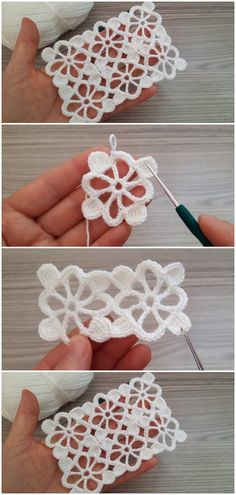 crocheted doily is being worked on by someone using scissors and yarn to make it