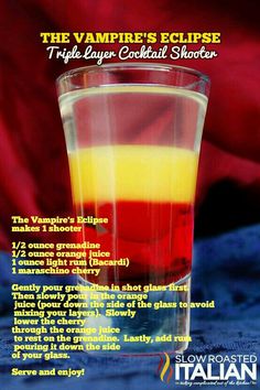 the vampire's eclipse triple layer cocktail is shown in an advertisement for italian cuisine