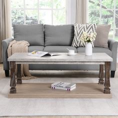 a living room with a gray couch, coffee table and books on the carpeted floor