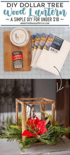 the diy dollar tree wood lantern is shown with instructions to make it