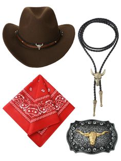 PRICES MAY VARY. Western Cowboy Design: embrace your inner cowboy with this men's western cowboy accessory set; It includes 1 felt hat with inner polyester cotton showcasing the enduring quality, 1 PU leather necktie featuring a glossy alloy finish, 1 vibrant cowboy bandana, and 1 exquisitely engraved belt buckle; The classic style and colors make it a versatile addition to your western themed costume or event Appropriate Fitting to Match Your Size: carefully crafted to be suitable for most men, Men Western Outfits, Bandana For Men, Cowboy Halloween Costume, Cowgirl Hats Western, Cowboy Bandana, Cowboy Accessories, Country Hats, Cowboy Design, Cowboy Costume