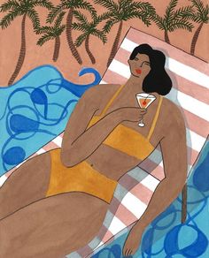 a painting of a woman in a bathing suit on a beach towel with a drink