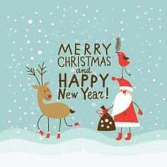 merry christmas and happy new year greeting card with santa claus, reindeer and bird in the snow