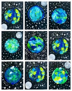 six different pictures of the earth with stars and moon in them, all painted on black paper