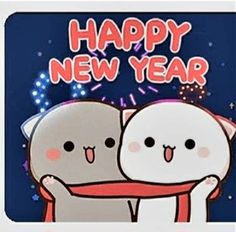 two white cats hugging each other with fireworks in the background and happy new year written on it