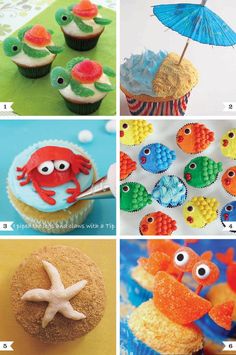 some cupcakes are decorated in different colors and designs