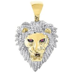 10K Yellow Gold White Diamond Pink Eyes Lion Head Pendant Pave Charm 1.25 Ct. Size: One Size.  Color: Metal Type.  Gender: male.  Age Group: adult. Lion Eyes, Roaring Lion, Lion Pendant, Pink Eyes, Lion Head, White Diamond, Diamond Pendant, Round Brilliant, Diamond White