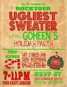 an old fashioned christmas party poster with the words uglyfest sweaters on it's back