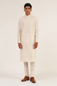 Ivory kurta with all over floral jaal pattern, tonal thread and got embroidery. Paired with gathered churidar. - Aza Fashions White Chanderi Sherwani With Floral Embroidery, Kurta Set Men, Men Kurta, Gota Work, Churidar, Kurta Set, Full Sleeves, Mandarin Collar, Cotton Silk