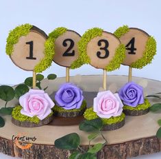 there are three cupcakes that have flowers on top of them and numbers in the middle