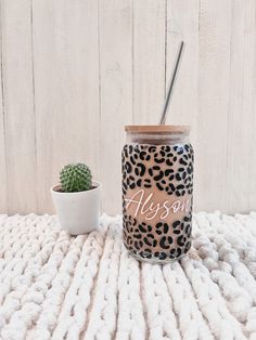 a glass with a straw in it next to a potted cactus