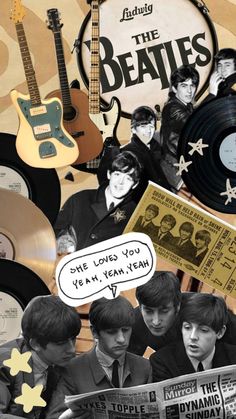 the beatles collage with various music memorabilia