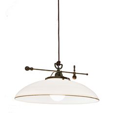 a white light hanging from the ceiling with an iron rod and two lights on each side