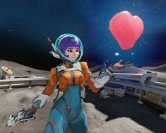 a woman in an orange and blue space suit holding a heart shaped balloon while standing on the moon