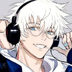 an anime character wearing headphones and listening to his earbuds with one hand