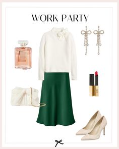 Elevate your holiday work party style with this festive look that captures the essence of the season. Pair this white bow sweater with an emerald green satin high-waisted skirt for a touch of opulence and seasonal flair. Step into white pointed heels, adding a refined and polished touch to the overall look. Carry your essentials in a stylish white bow mini clutch bag, a delightful accessory that complements the sweater’s charm. Sparkle bow earrings add a hint of festive shimmer to the look. Green Skirt Holiday Outfit, Christmas Dinner Outfit Classy, Green Satin Skirt Outfit, Holiday Work Party Outfit, Work Party Outfit, Company Christmas Party Outfit, Work Christmas Party Outfit, Green Christmas Outfit