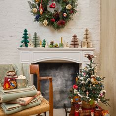 a living room filled with furniture and a christmas tree in front of a fire place