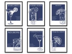 four framed posters with cocktails on them