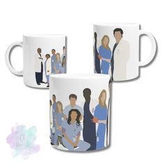 two coffee mugs with the image of people in scrub suits and nurses on them