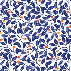 an orange and blue pattern with leaves on it's side, in the middle of a white background