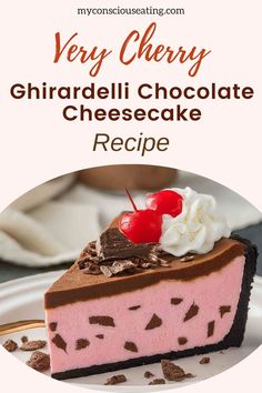 a slice of very cherry ghirraduli chocolate cheesecake recipe on a white plate